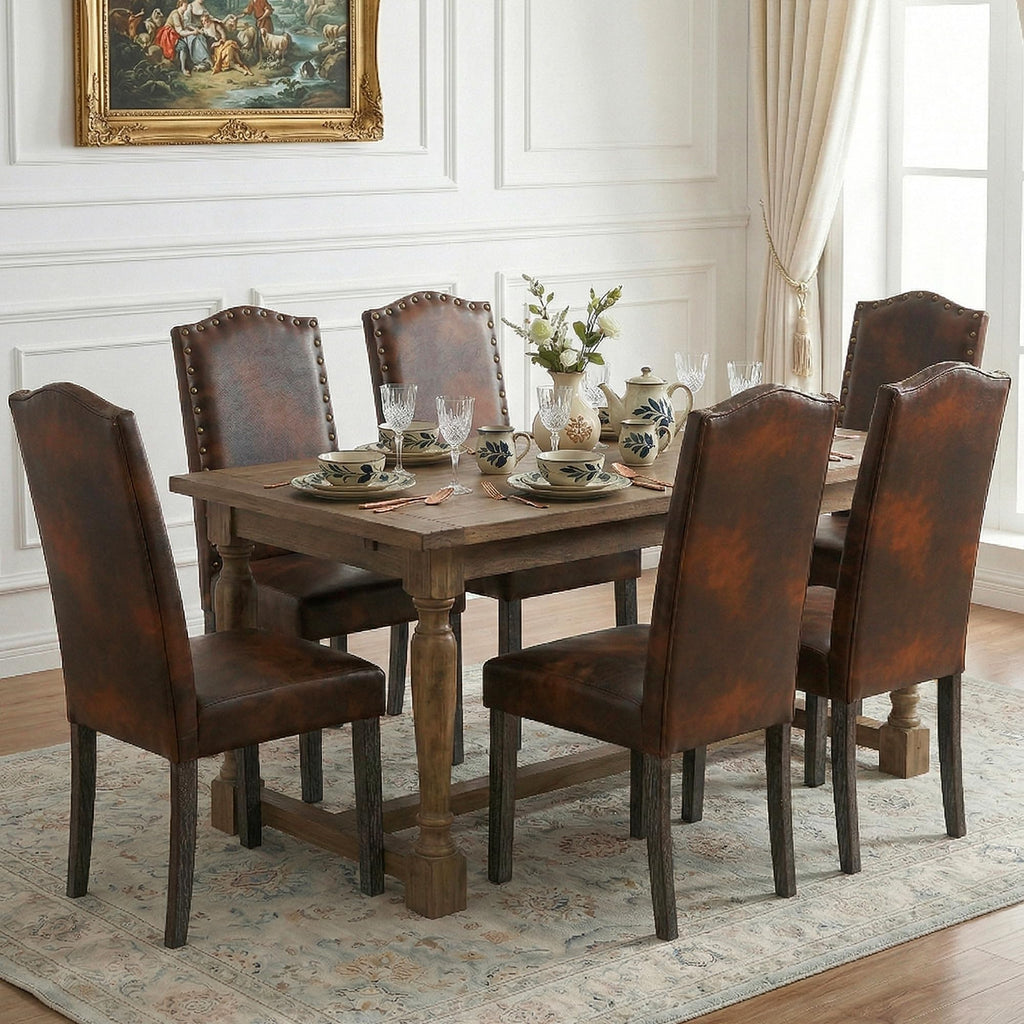 PU Dining Chair Upholstered Parsons Kitchen Chair with Copper Nails and Solid Wood Legs, Restaurant (Vintage Brown