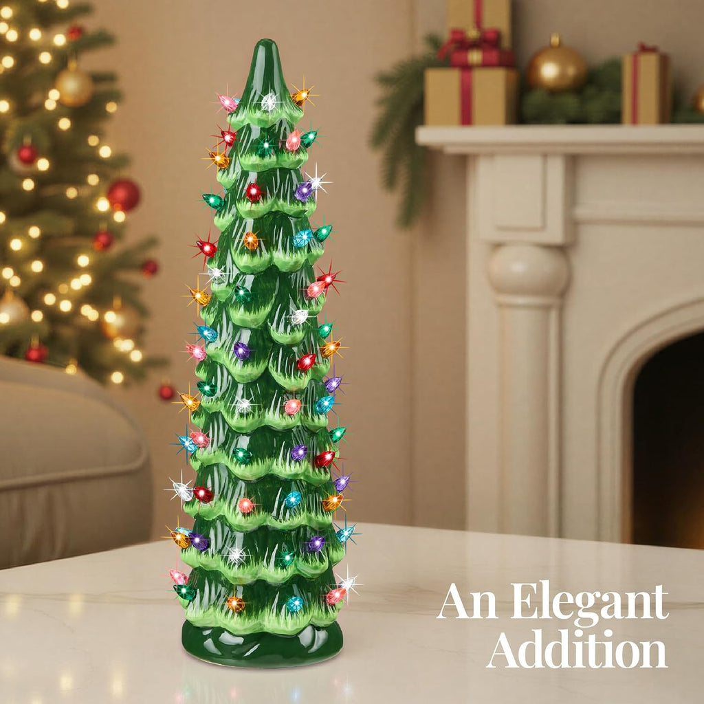 Ceramic Christmas Tree, 21in Pre-Lit Hand-Painted Tabletop Holiday Decoration w/Multicolor Bulbs, LED Lights - Green