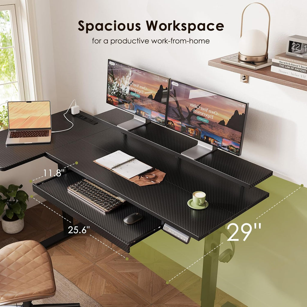 55" Reversible L Shaped Electric Standing Desk, Carbon Fiber Black | Monitor Stand, Keyboard Tray, Power Outlets, 3