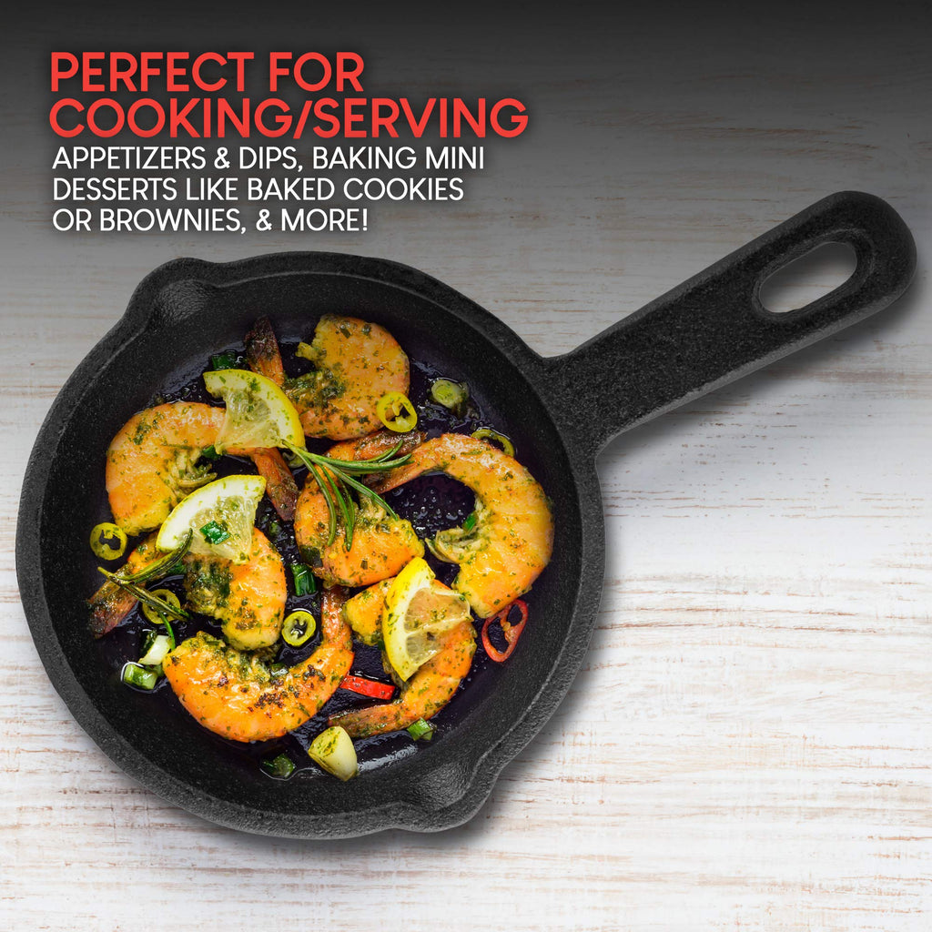 Mini Black Cast Iron Skillet Set with Silicone Mitt (4 Count) - 3.5 Inch Pans, Pre Seasoned Small Skillets for Baked