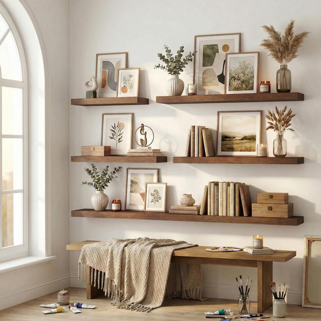 12 inch Deep Floating Shelves for Wall, 72" Wide, Walnut, 2-Pack