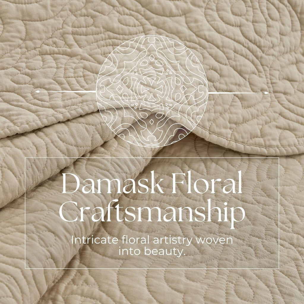 100% Cotton Sateen Quilt Set | Silky Soft & Breathable | Elegant Medallion Damask Pattern | Lightweight Cotton Fill