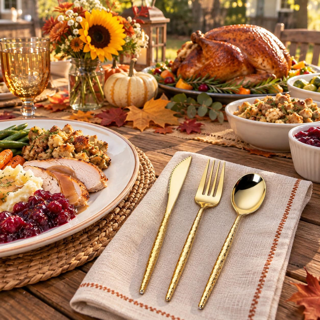 Gold Plastic Silverware, Gold Plastic Utensils, Heavy Duty Silverware, Includes:100 Knives, Forks and Spoons