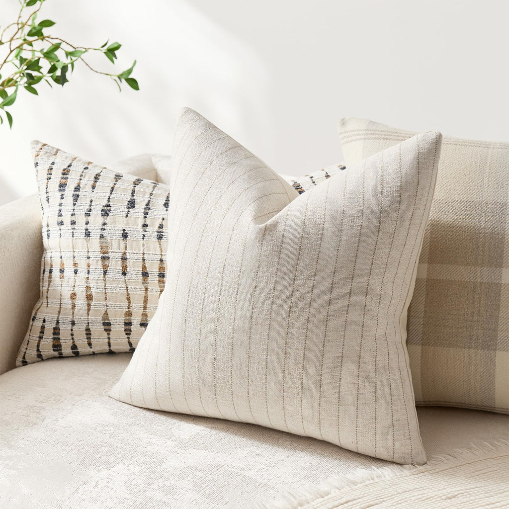 Pack of 2 Linen Striped Throw Pillow Covers 20x20 Neutral Couch Pillow Cases Farmhouse Decorative Square Accents Sofa