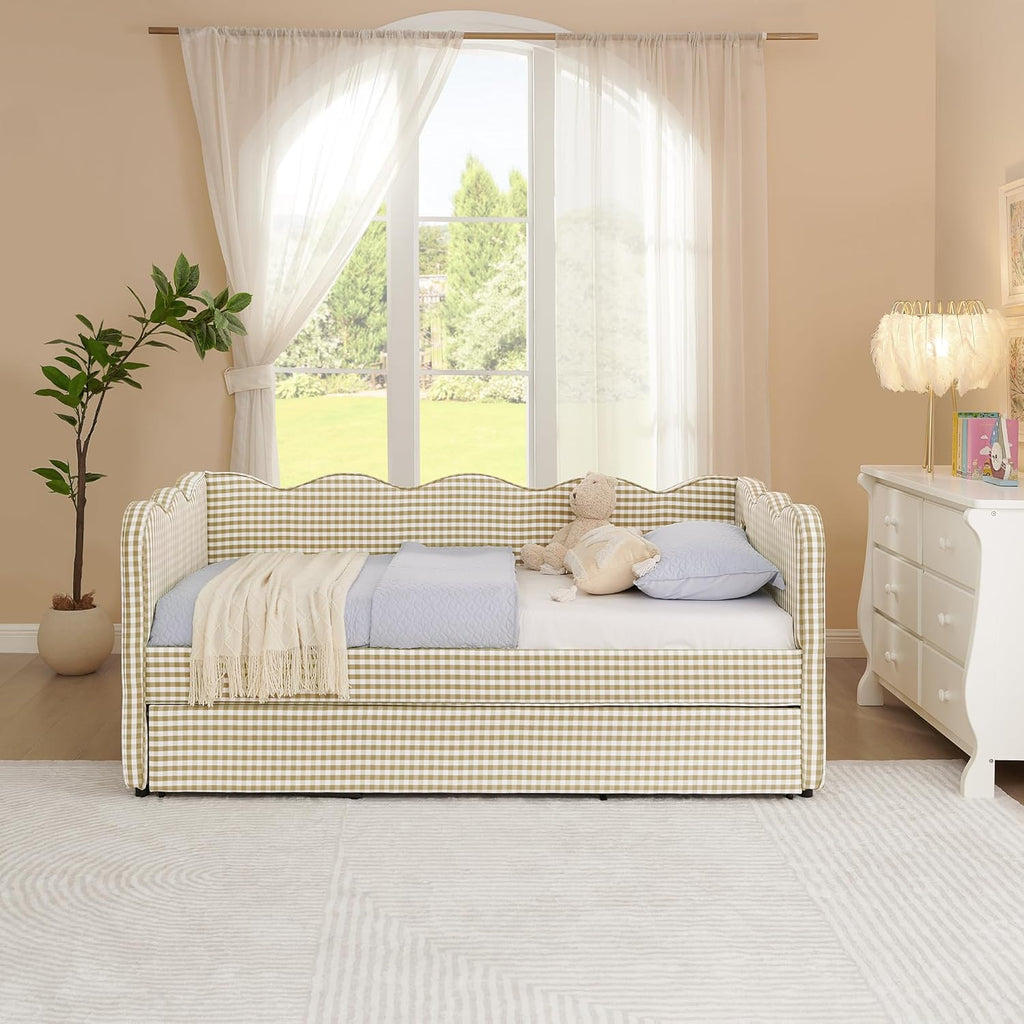 Twin Size Gingham Daybed with Trundle and USB Ports | Upholstered Daybed Living Room Guest Room-Brown