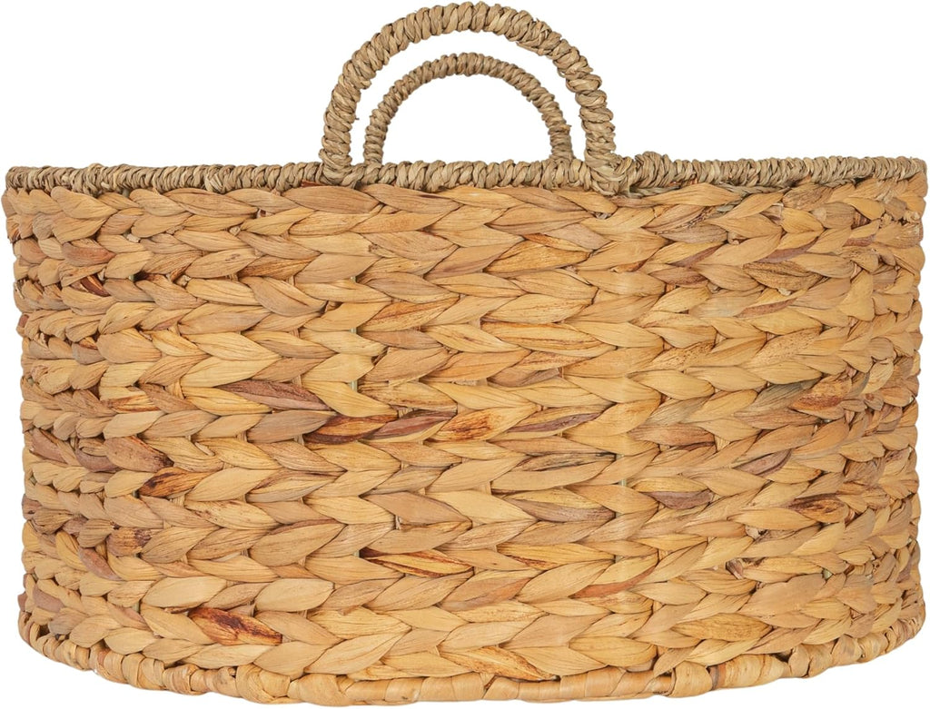 Round Handwoven Water Hyacinth and Seagrass Basket with Handles, Natural