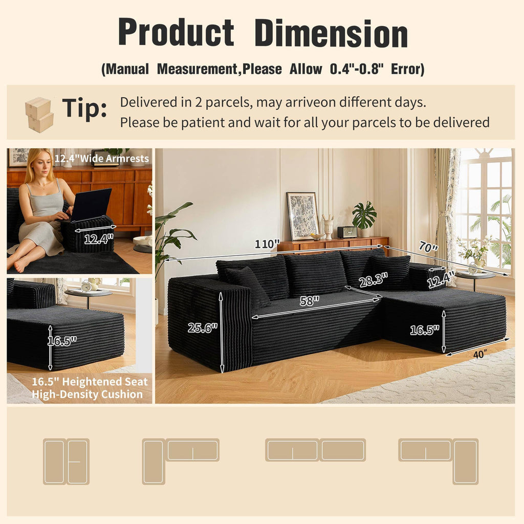 110" No Assembly Compression Boneless in a Box Cloud Sectional Couches L-Shape Couch Sleeper Sofa, Modern Modular