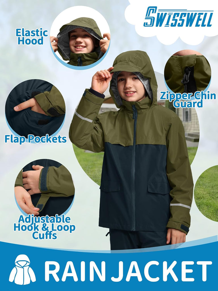 Kids Rain Suit Gear Boys Youth Rain Jacket and Pant Set
