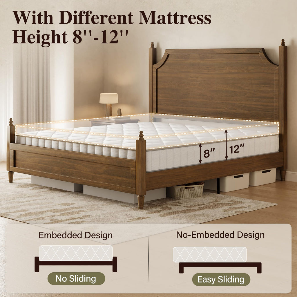 Wood Bed Frame with Curved Headboard, Vintage Bed, Brown