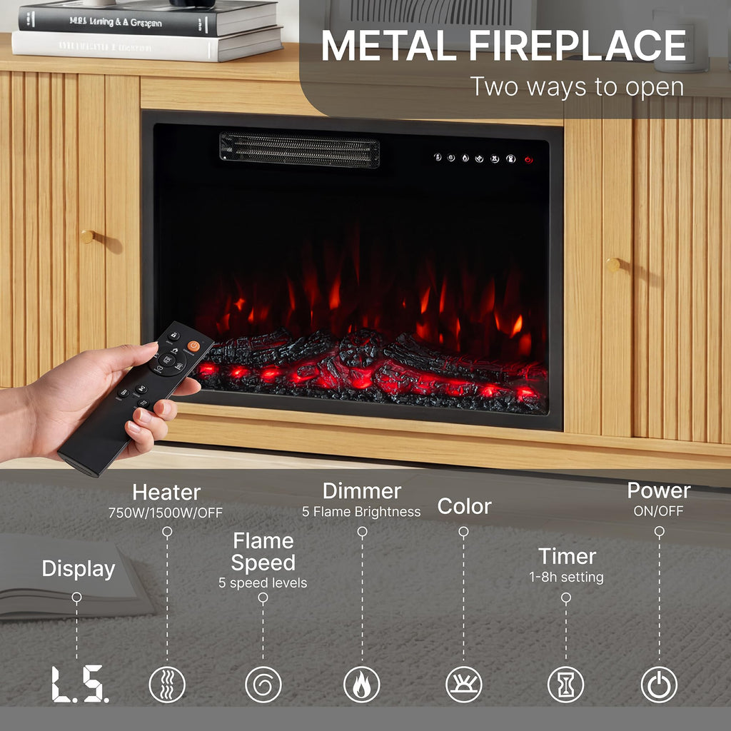 70'' Fluted Fireplace TV Stand for TVs Up to 80", Sliding Tambour Doors, Modern Entertainment Center with 23" Electric