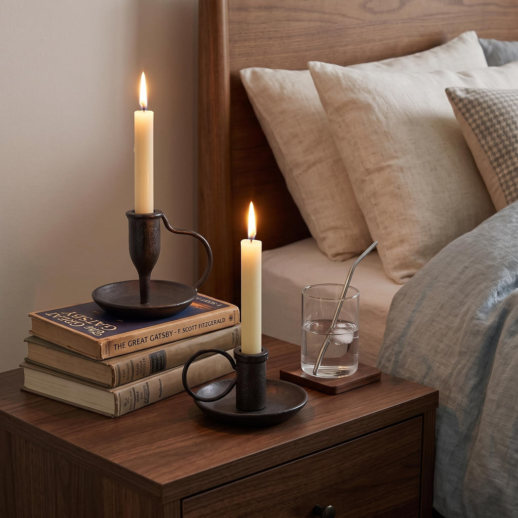 Matte Black Iron Candle Holder with Handle 2 Pcs Taper Candle Sticks Holder