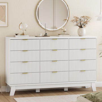 Fluted with 12 Drawers, 57" Wide Modern Chest of Drawers with Metal Handle, Wooden TV Stand, Wood Closet Clothes
