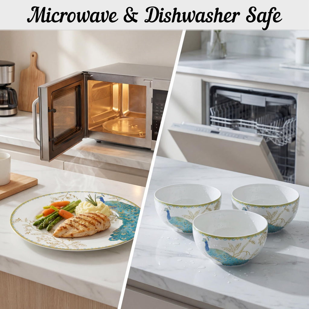 16-Piece Porcelain Dinnerware Set for 4, Elegant Plates and Bowls Sets-White, Teal, Gold Ceramic Dishes, Chip Proof