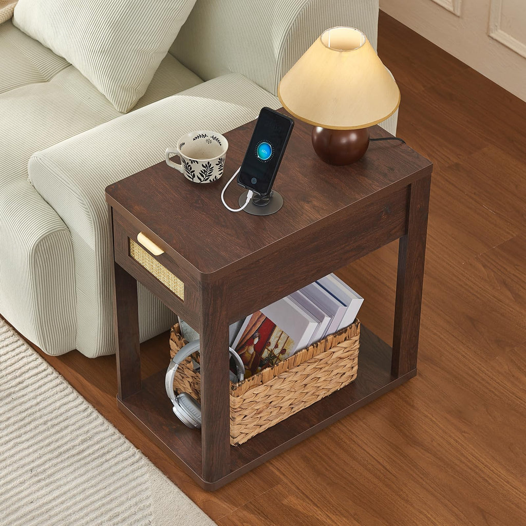 Narrow Side Table Set 2 with Charging Station, Rattan 24 x 14''