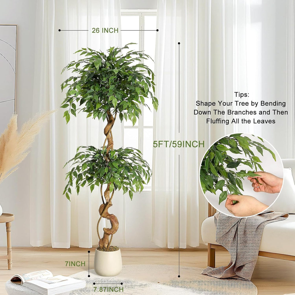 5FT Artificial Ficus Tree, 1449 Silk Leaves with Curved Natural-Look Trunk, Faux Tree in White Planter Pot with Real