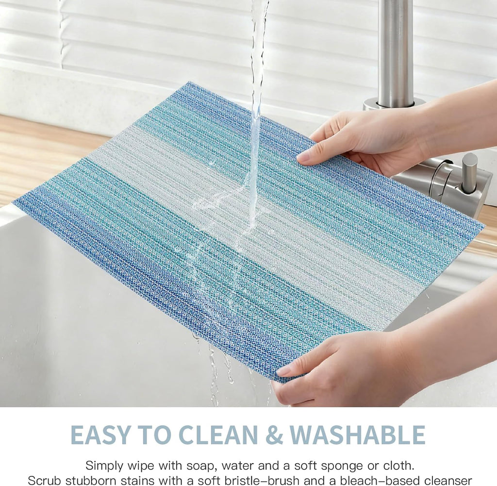 Blue Placemats,Stain-Resistant Kitchen Table Mats Washable Placemats Crossweave Woven Vinyl Placemat Dining - Set of 6