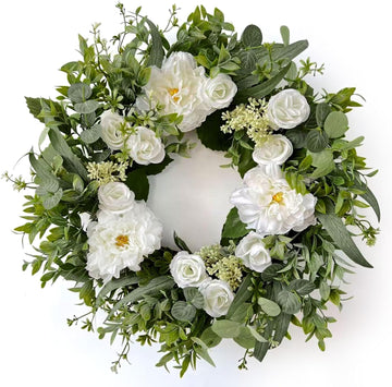 Summer Wreaths for Front Door 24" White Dahlia Rose Floral Wreath