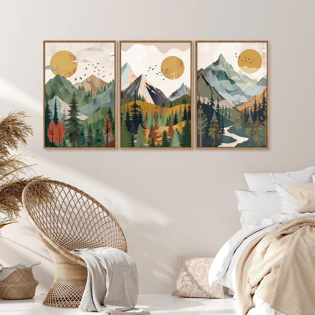 Boho Mountain Framed Canvas Wall Art, Mid Century Modern Wall Decor, Watercolor Sun Forest Woodland Posters, Sage
