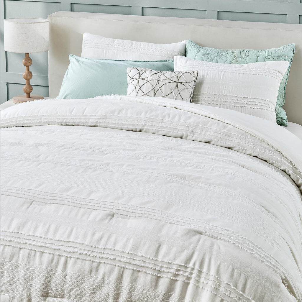 White Comforter Set Queen, Clipped Jacquard Striped Cotton Lightweight Comforter with Pillow Shams, Fluffy Bedding