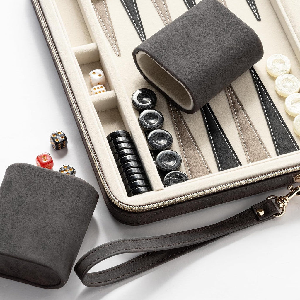 Backgammon Sets for Adults and Kids, Classic Backgammon Board with Unique Checkers Dice, Folding Faux Leather