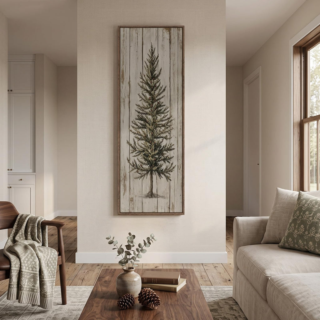 Framed Long Narrow Vintage Farmhouse Rustic Pine Tree Wall Art, 18x56 Inch