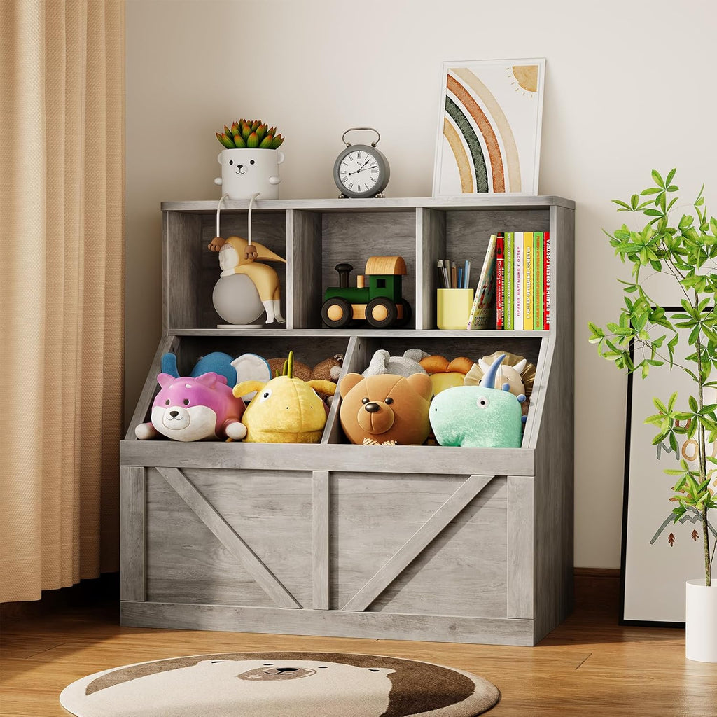 Kids Bookshelf and Toy Storage, Kids Toy Storage Organizer, Washed Grey | Toy Organizer with Storage Cabinet and