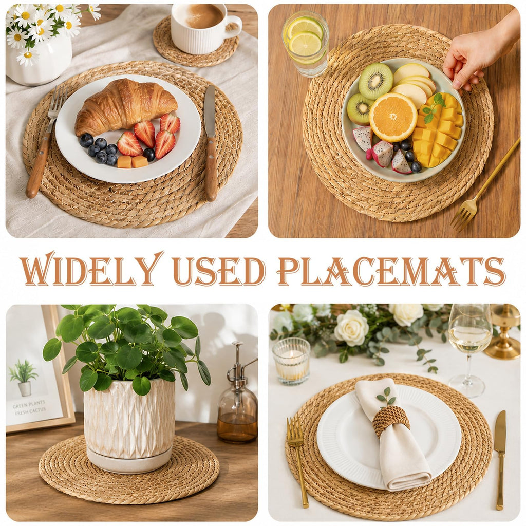 Set of 12 Round Woven Placemats, 13 Inch Rattan Chargers for Dinner Plates, Wicker Placemats, Boho Farmhouse Rustic