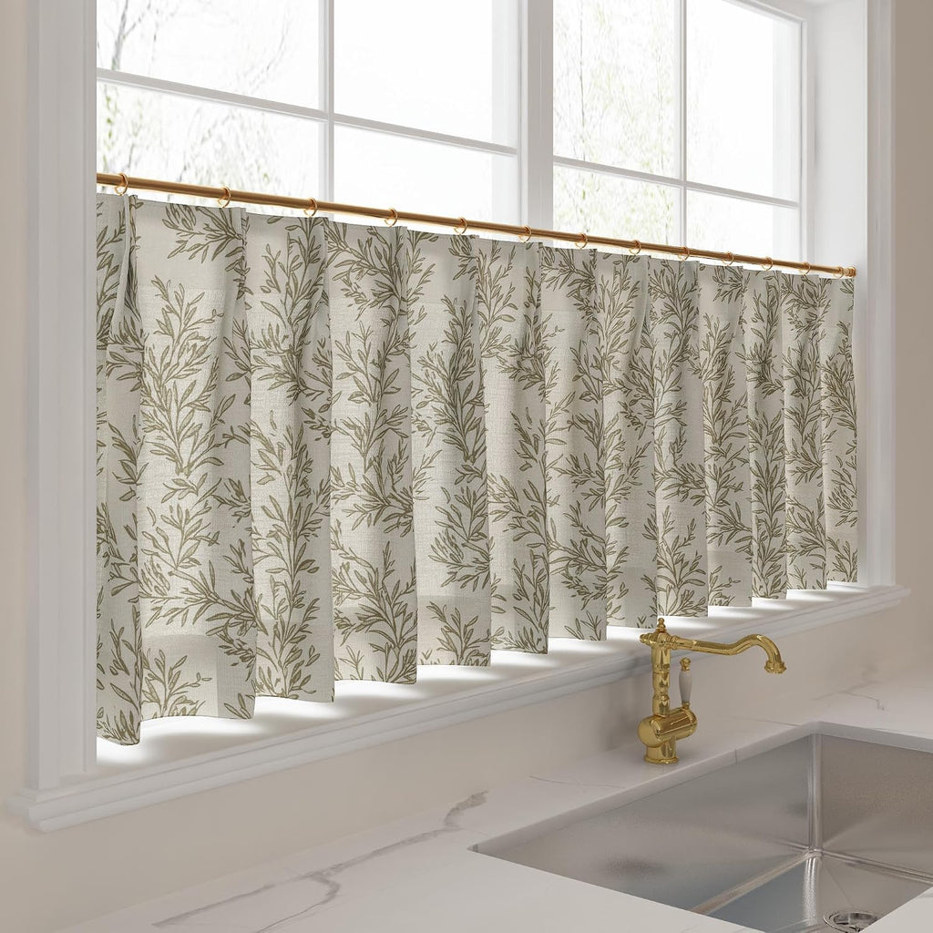 Pinch Pleat Cafe Curtains 24 Inch Long Printed Half Window Curtains for Bathroom (Stone, 34W x 24L Inches, Set of 2)