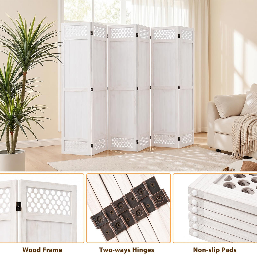 Wood Room Divider Privacy Screen, White Carved Room Divider 6 Panel 67"