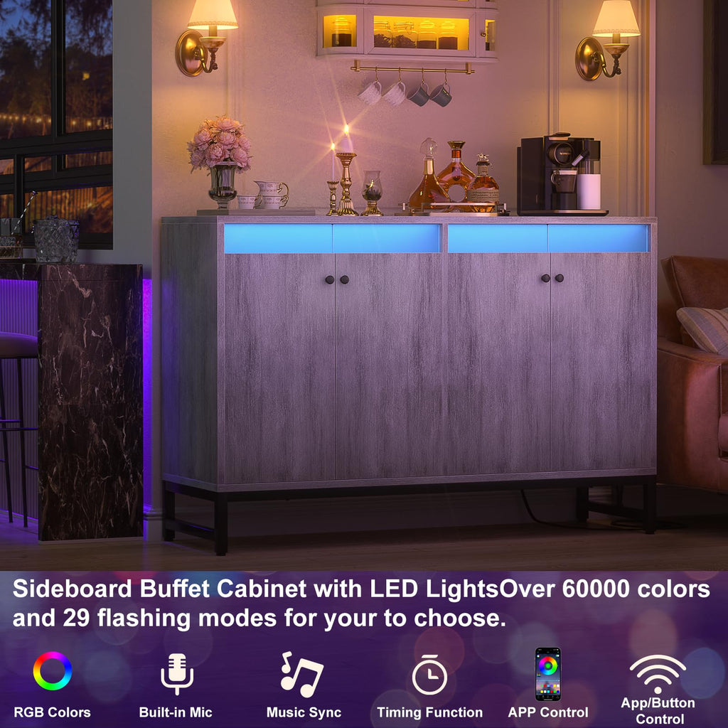 Sideboard Buffet Cabinet with Power Outlet, Doors, LED Light