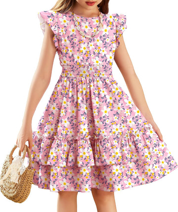 Girls Dresses Flutter Sleeve A-Line Sundress Casual Summer Tiered Swing Midi Pocket Dress