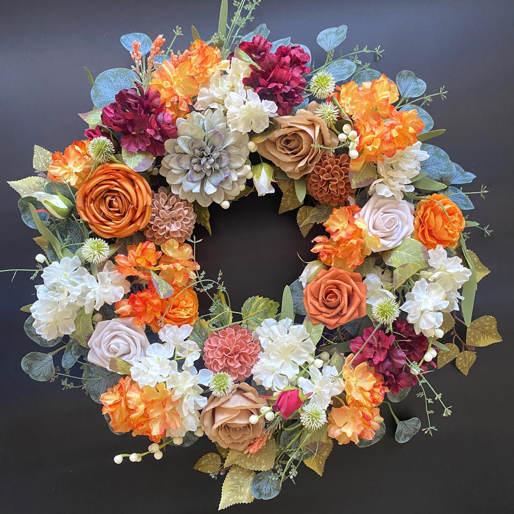 24 Inch Fall Wreath for Front Door with Orange Peony and Dahlia Flowers