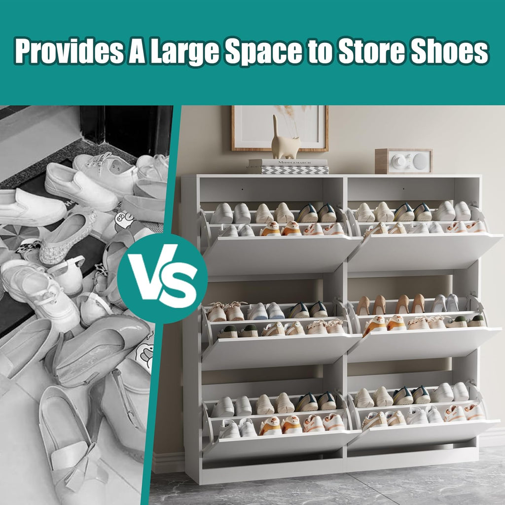 Shoe Storage Cabinet with 6 Flip Drawers, Sturdy Wood Hidden Shoe Storage, Freestanding Narrow Slim Shoe Organizer