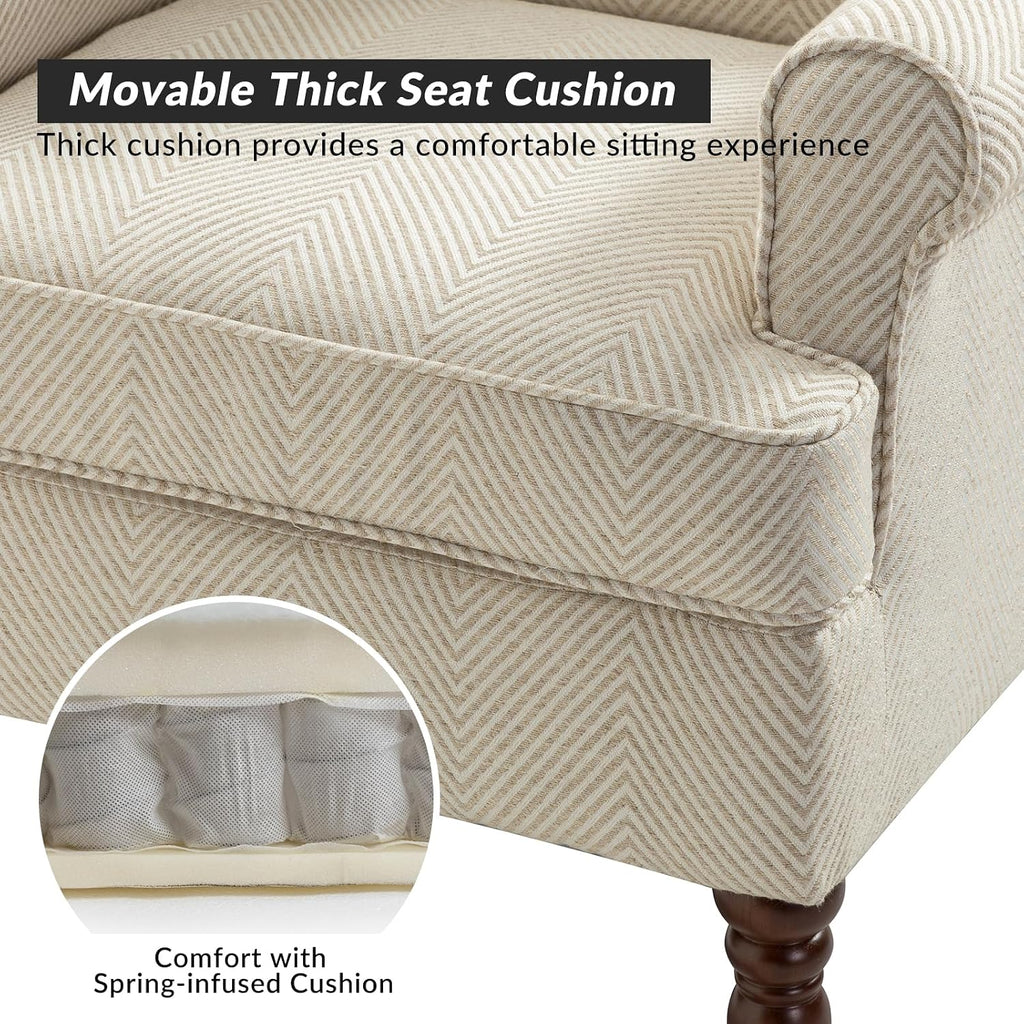 Wingback Accent Chair with Retro Wooden Legs, Traditional Fabric Armchair Bedroom, Comfy Upholstered Single Sofa