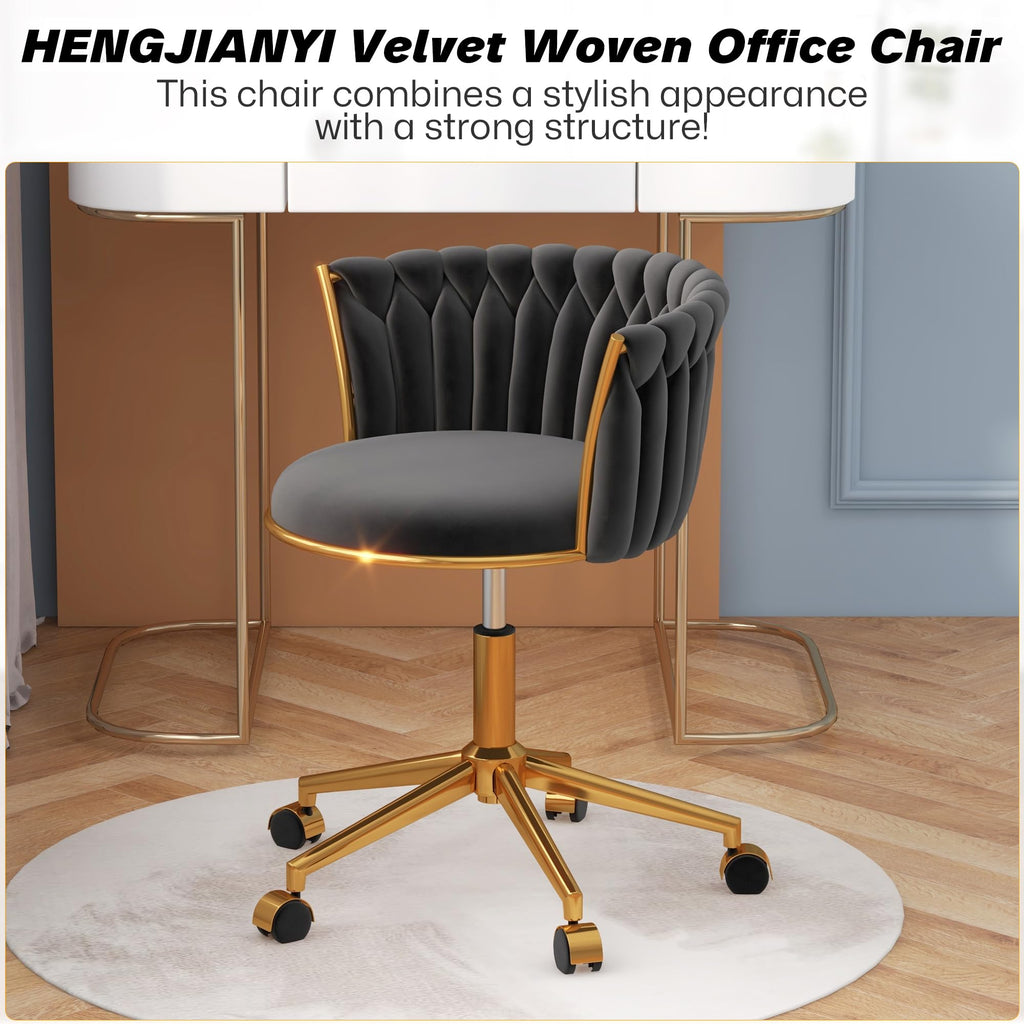 Velvet Woven Home Swivel Vanity Desk Chair with Gold Base, Black