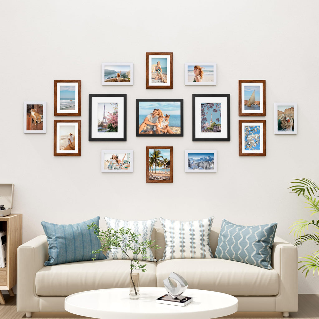 15 Pack Gallery Wall Frame Set, Black, Walnut Brown, White