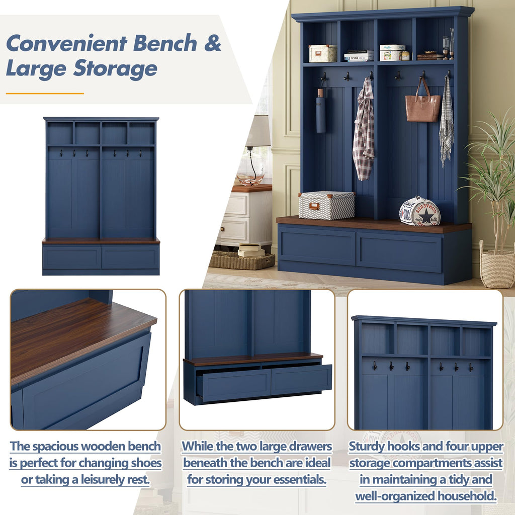 Farmhouse 4-in-1 Hall Tree with Bench and Storage, 55.9 Coat Rack with 6 Hooks, 2 Large Drawers and 4 Open Cubbies