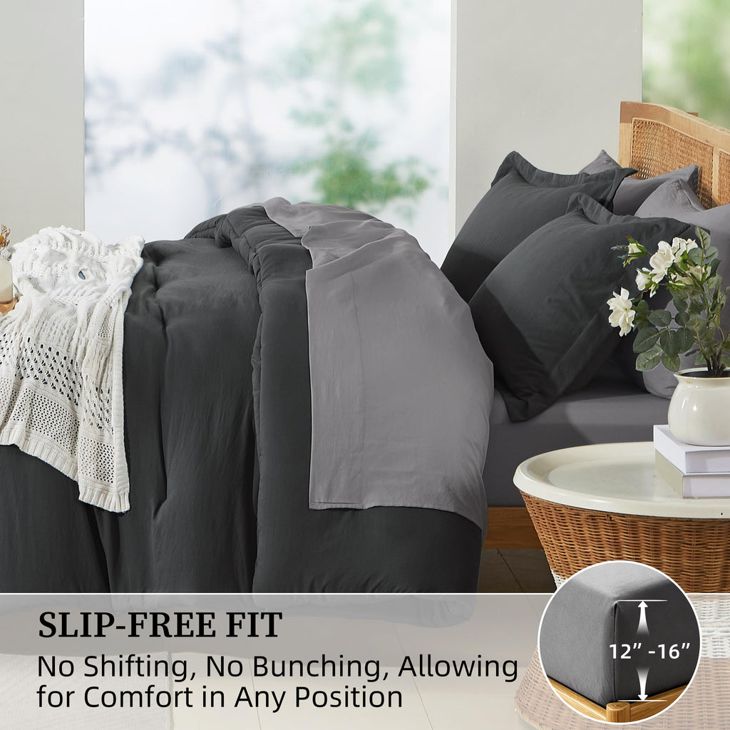 Prewashed Comforter Set 7 Pieces, Drak Gray Bed Set