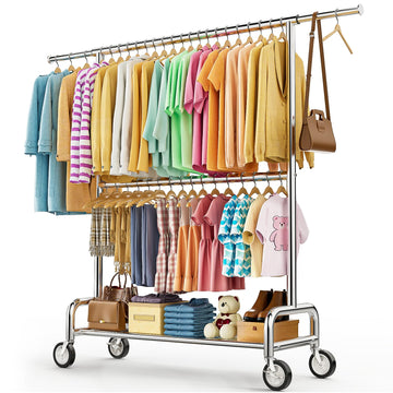 Heavy Duty Clothes Rack Load 860LBS, Double Rods Rolling Clothing Racks for Hanging Clothes, Rolling Garment Rack