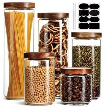 Glass Canisters With Wooden Lids, Kitchen Jars for Storage 5 Pack