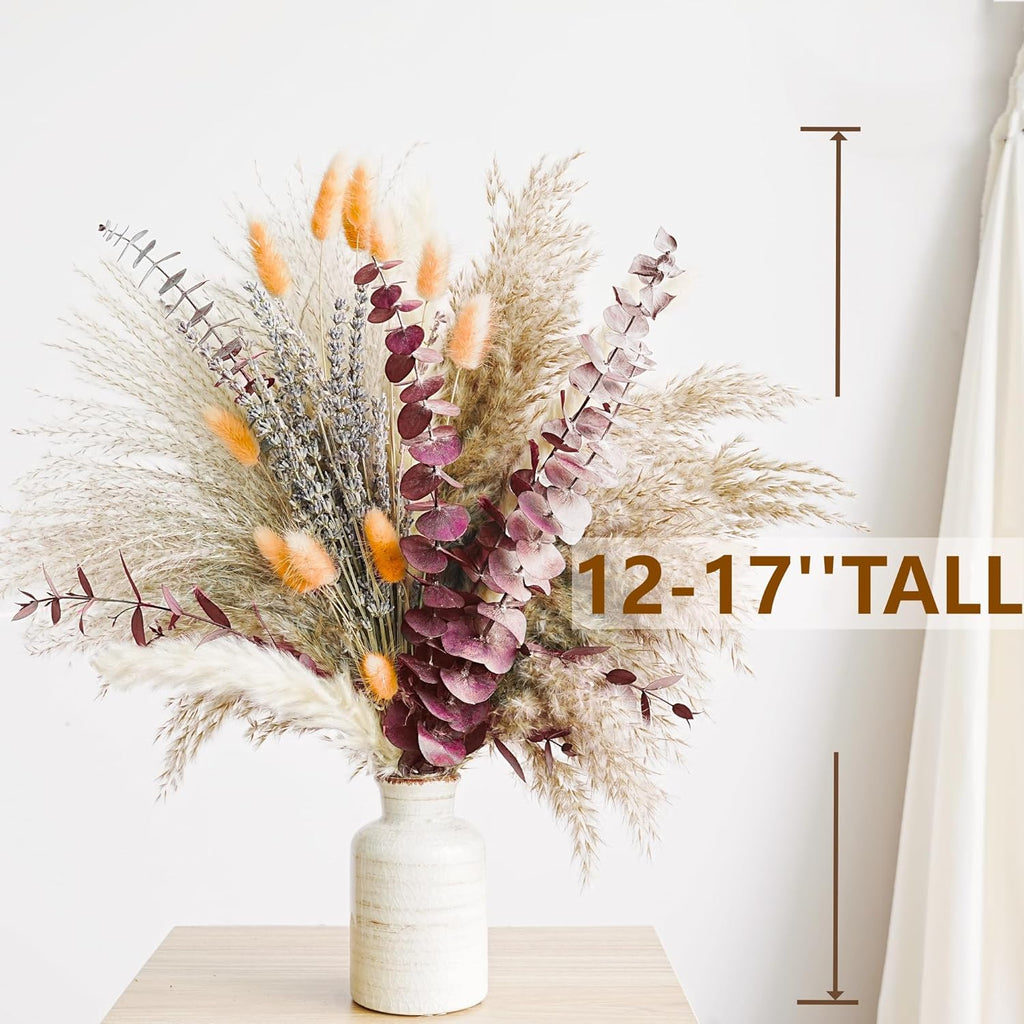 Fall Dried Flower Bouquet with Pampas Grass, Orange Bunny Tails, Lavender & Red Eucalyptus -Boho Fall Decor, Vase