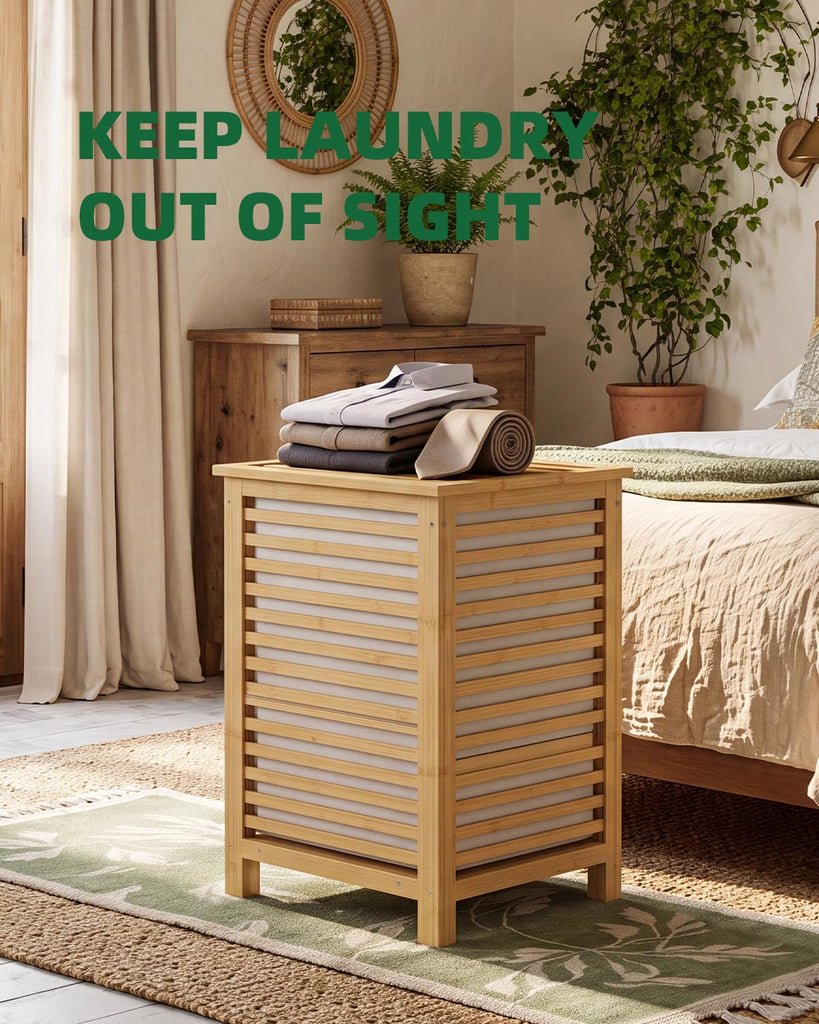 Double Laundry Hamper with Lid, 120L Bamboo Laundry Basket with Removable Liner Bag, 2-Section Clothes Divider
