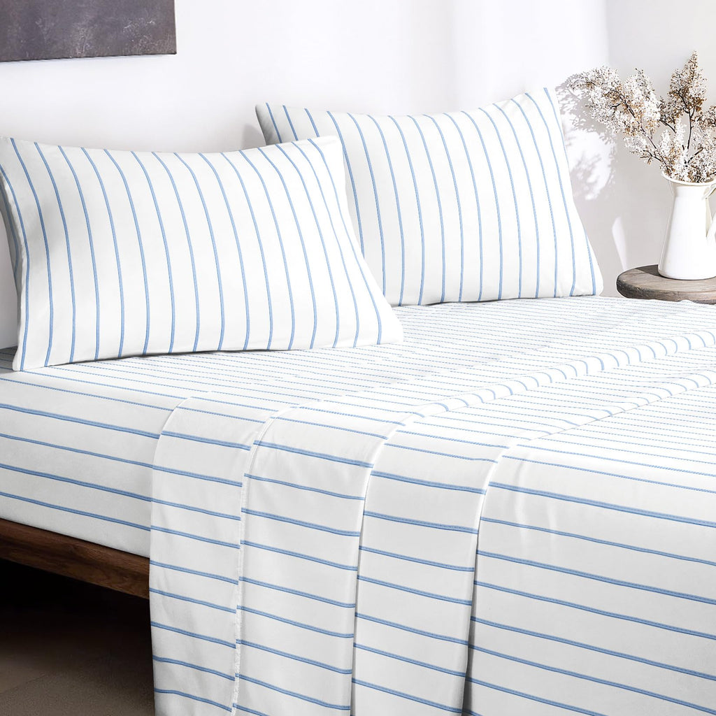 Striped Bed Sheets, 100% Cotton, 4 Pieces Sheet Set, Neutral Farmhouse Ticking Vertical Stripe Pattern Printed