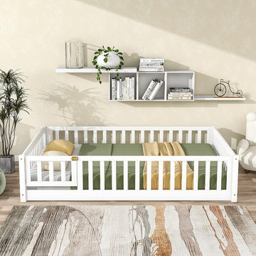 Twin Floor Bed, Durable Montessori Floor Bed with Wood Slats, Safety Fence & Small Door, Wood Floor Bed Frame for