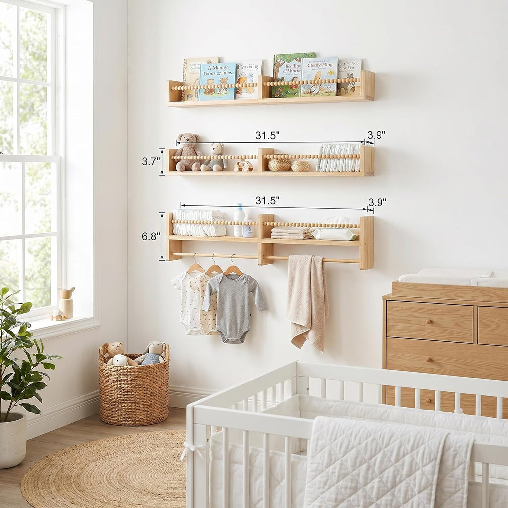 Nursery Shelves for Wall, Set of Premium Solid Pine Nursery Bookshelf with Hanging Rod, Rounded Edges, Wall
