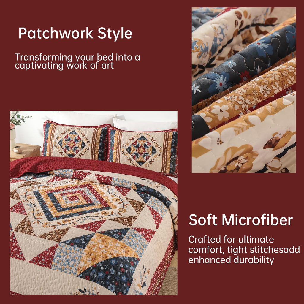 Patchwork Quilt Bedding Set, Red Farmhouse Floral Bedspread