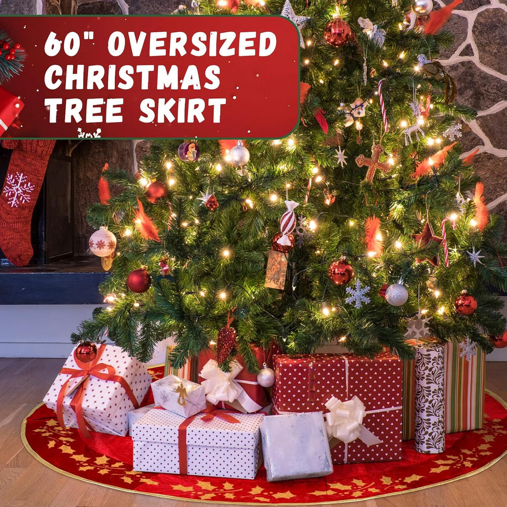 60 Inch Large Christmas Tree Skirt Classic Red Luxury Velvet Fur Skirts with Gold Embroidered Holly Leaf for Rustic