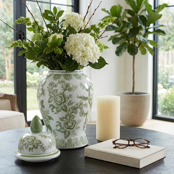 Temple Decorative Jar with Lid - Chinoiserie Ceramic Decorative Stoneware Decor - Modern Centerpiece - 14.25", Green
