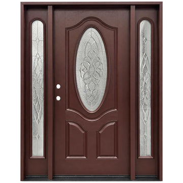 Major Fiberglass Entry Door with Glass Beautiful Flower Glass Stained Dark Mahogany (Right-Hand, Single Door