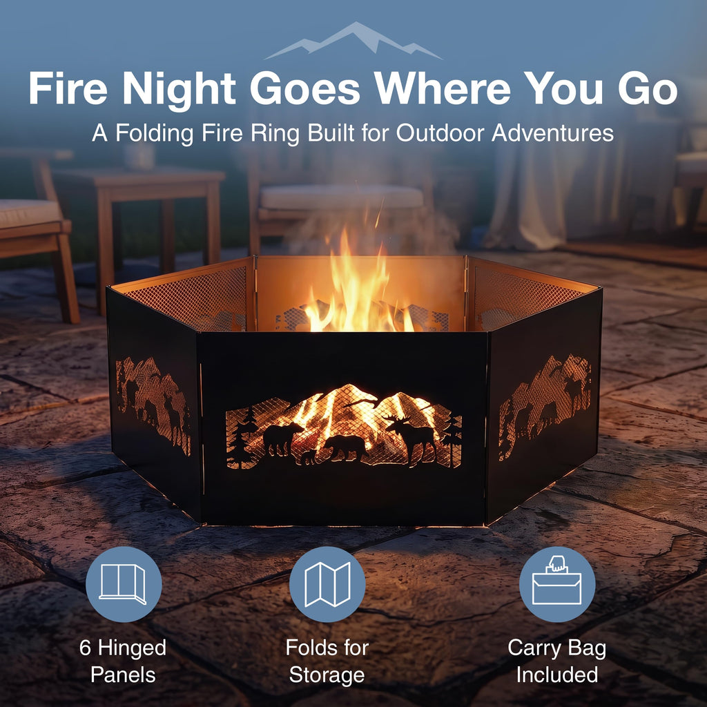36" x 12" Zion Portable Folding Fire Ring, Steel Mesh Foldable Fire Ring, Northern Woods, Black